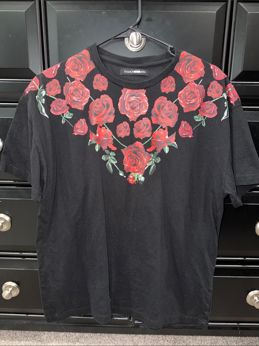 Fashion Nova Black Tee with Red Rose Collar Print